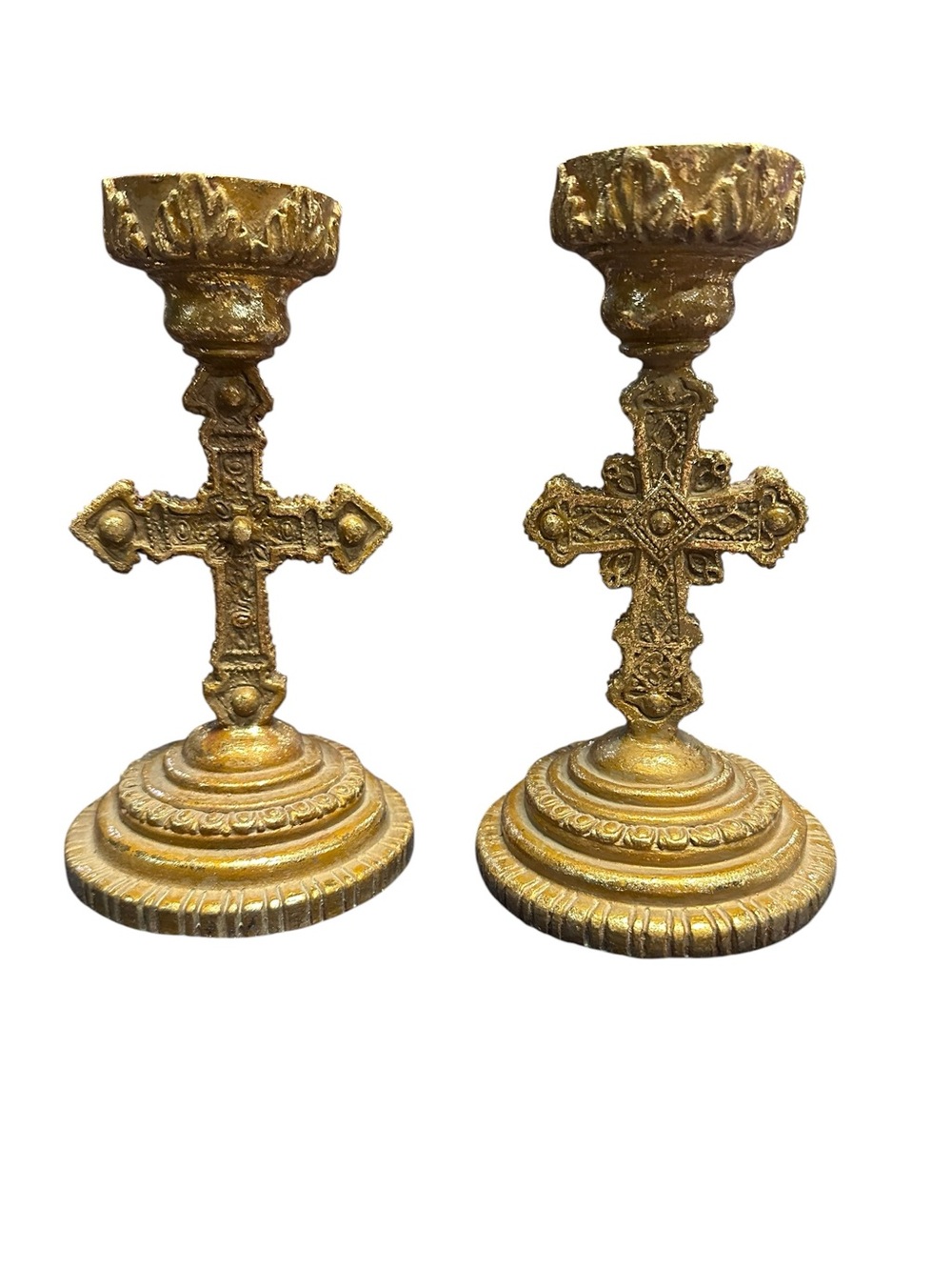 Pair of Gold Cross Pillar Candle‎ Holders Gothic Religious Decor Elements